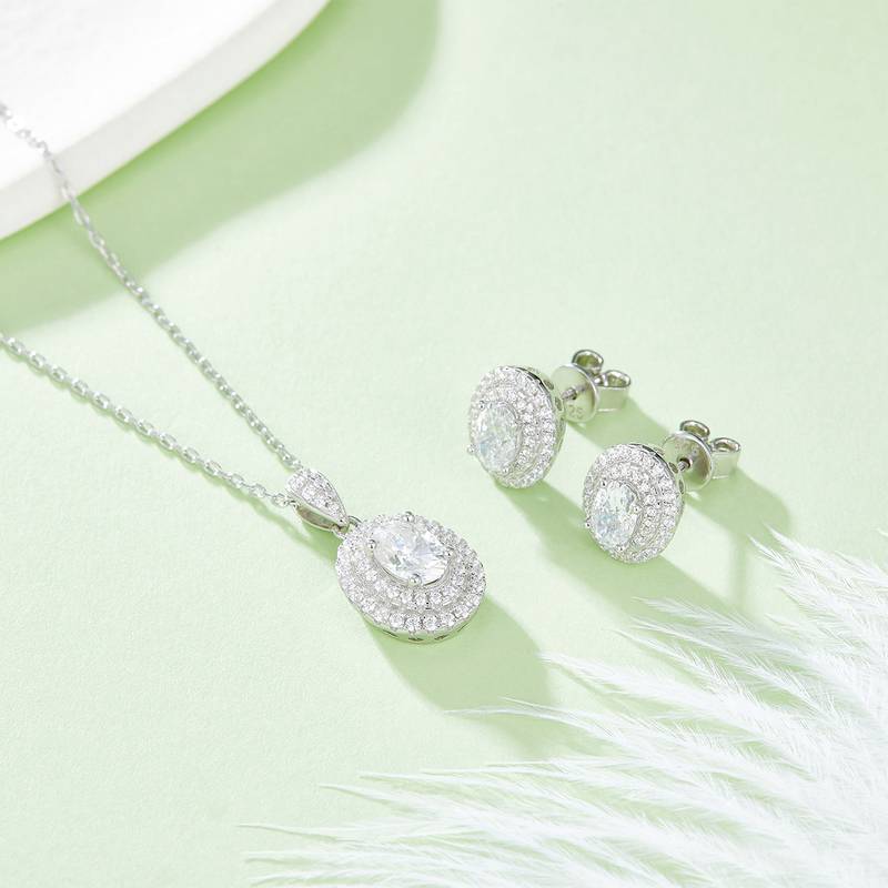 豪镶蛋形S925银镀白金MoissanitePendantStud Earring套装